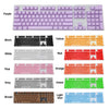 A collection of various colored mechanical keyboard keycaps including purple, black, white, pink, grey, brown, and blue.