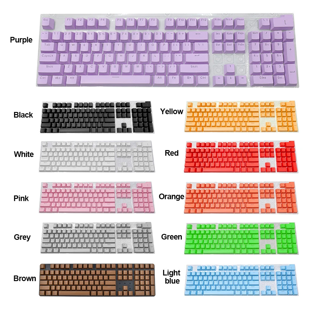 A collection of various colored mechanical keyboard keycaps including purple, black, white, pink, grey, brown, and blue.