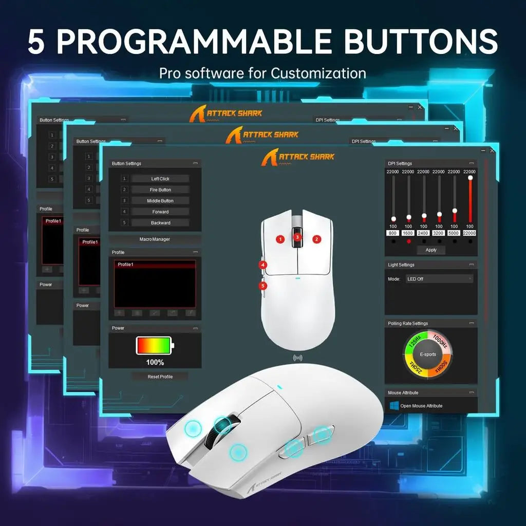 A white wireless gaming mouse displayed with software interface elements for customization.