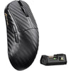 A black high-performance wireless gaming mouse with a textured grip and a separate dongle is shown.