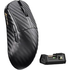 A black high-performance wireless gaming mouse with a textured grip and a separate dongle is shown.