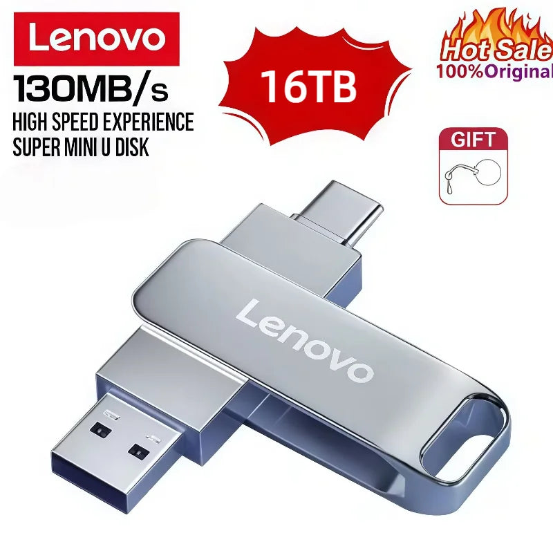 Silver Lenovo 16TB high-speed external storage drive with USB connector.
