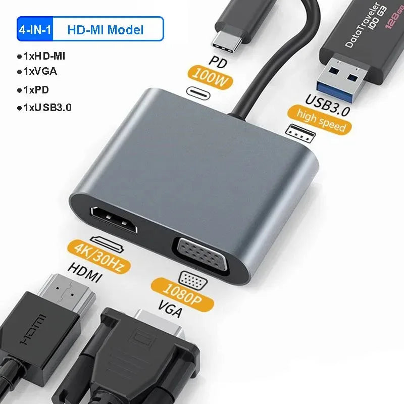 A gray 4-in-1 docking station showing various ports including HDMI, VGA, USB 3.0, and power delivery capabilities.