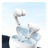 White ThinkPlus wireless earbuds shown in an open charging case on a textured surface.