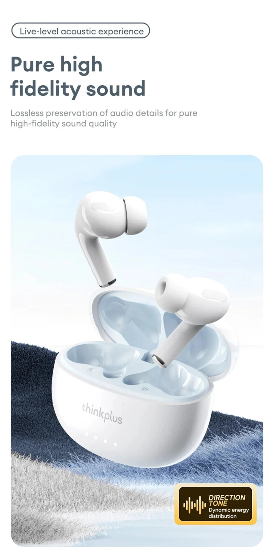 White ThinkPlus wireless earbuds shown in an open charging case on a textured surface.