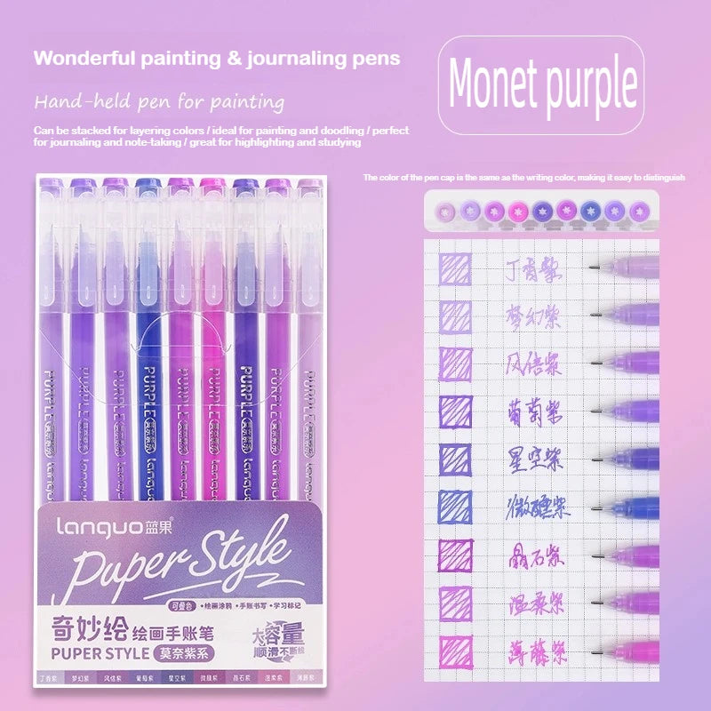 A set of Monet purple hand-held pens for painting and journaling, featuring various shades of purple.