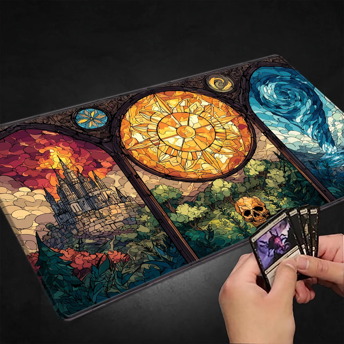 A gaming mouse pad featuring stained glass art depicting a castle and a skull.