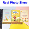 A photo show display featuring three children's practice books for magic writing and number recognition.