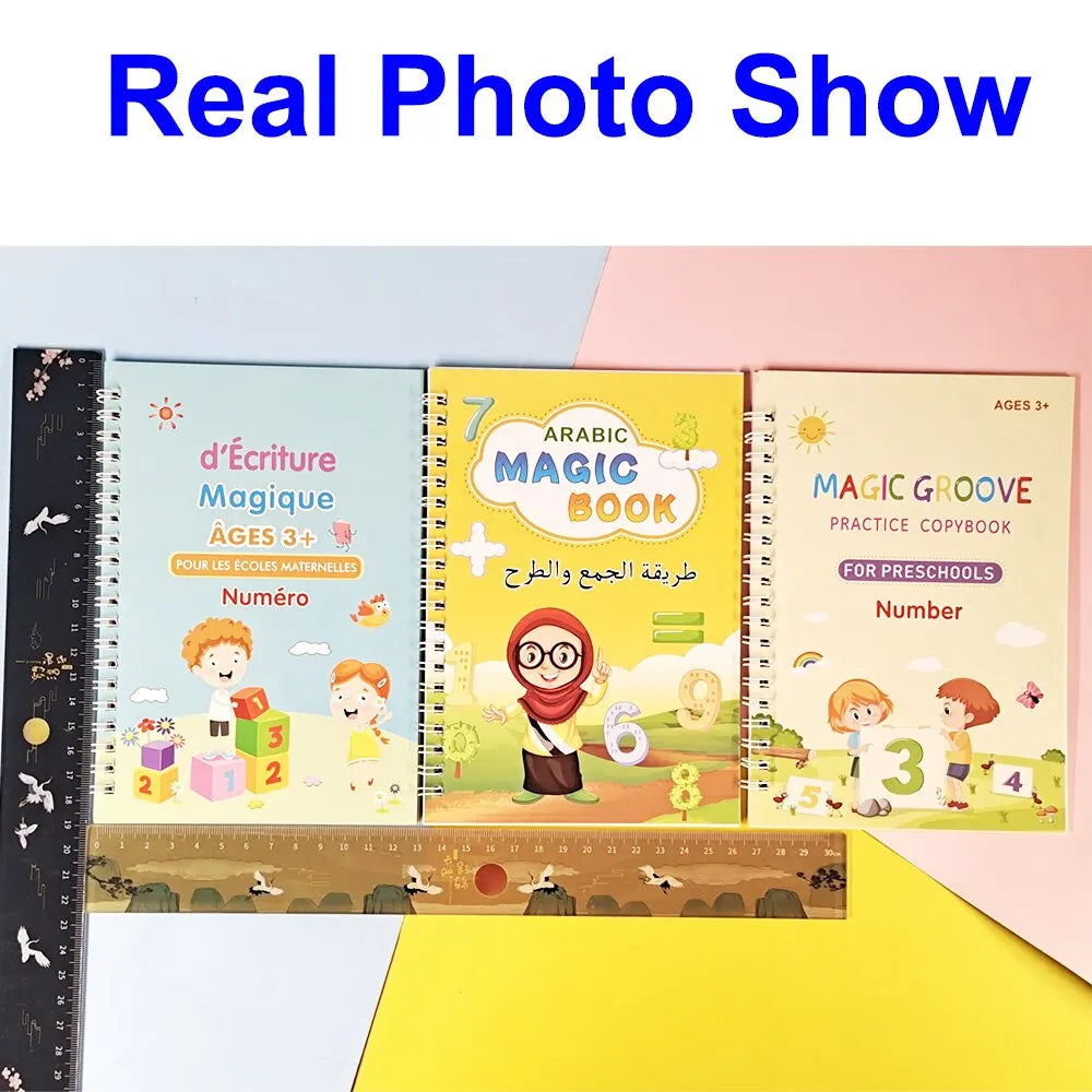 A photo show display featuring three children's practice books for magic writing and number recognition.