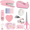 A pink professional desktop stationery set featuring various tools like a cutter, ring holder, and sewing accessories.