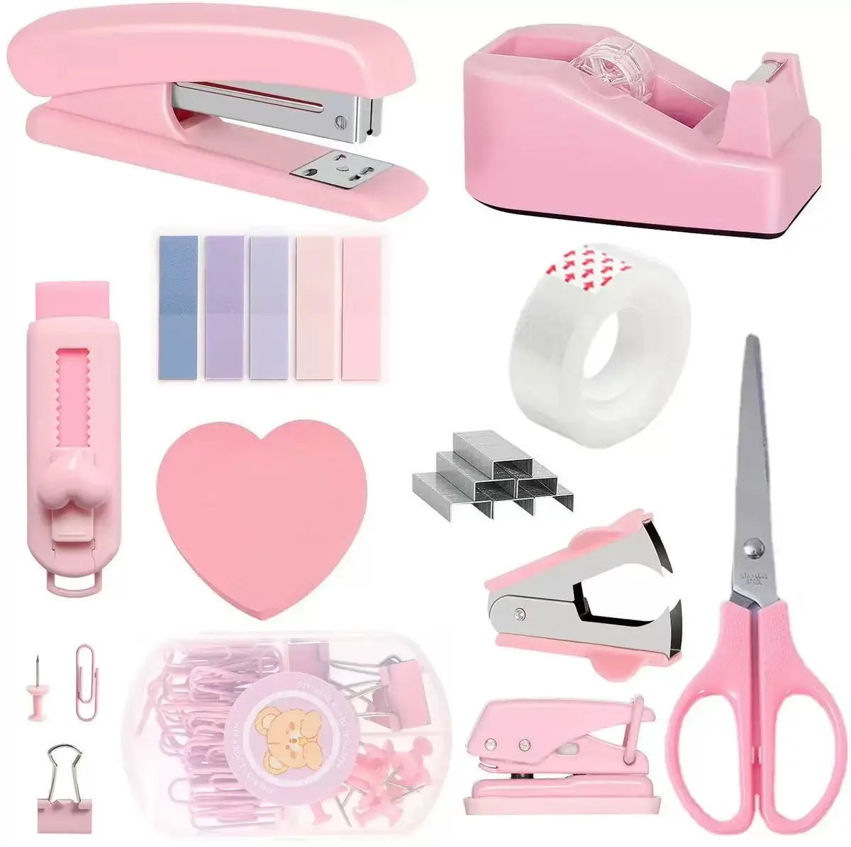 A pink professional desktop stationery set featuring various tools like a cutter, ring holder, and sewing accessories.