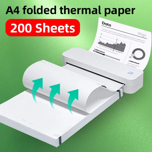 Rolle weißes A4-Thermalpapier, gefaltet, mit Drucker und Datenblatt sichtbar.