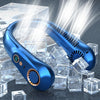 A blue bladeless portable neck fan is shown with ice cubes in the background.