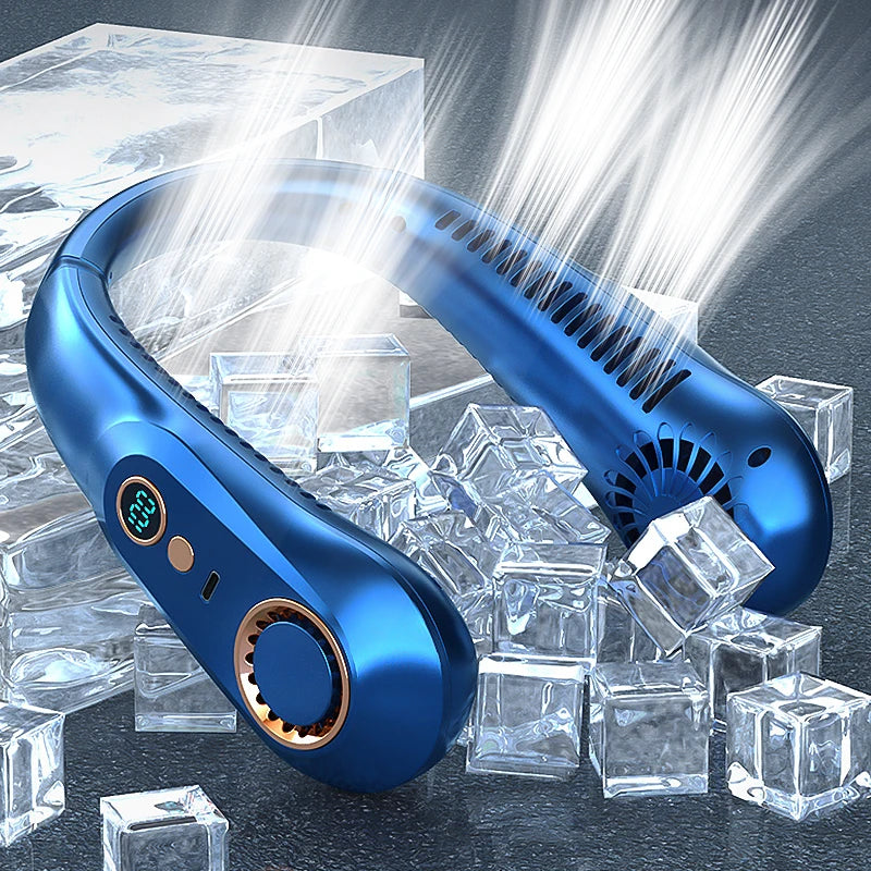 A blue bladeless portable neck fan is shown with ice cubes in the background.