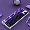 A white mechanical keyboard with purple keycaps is shown on a purple surface next to a purple watch.