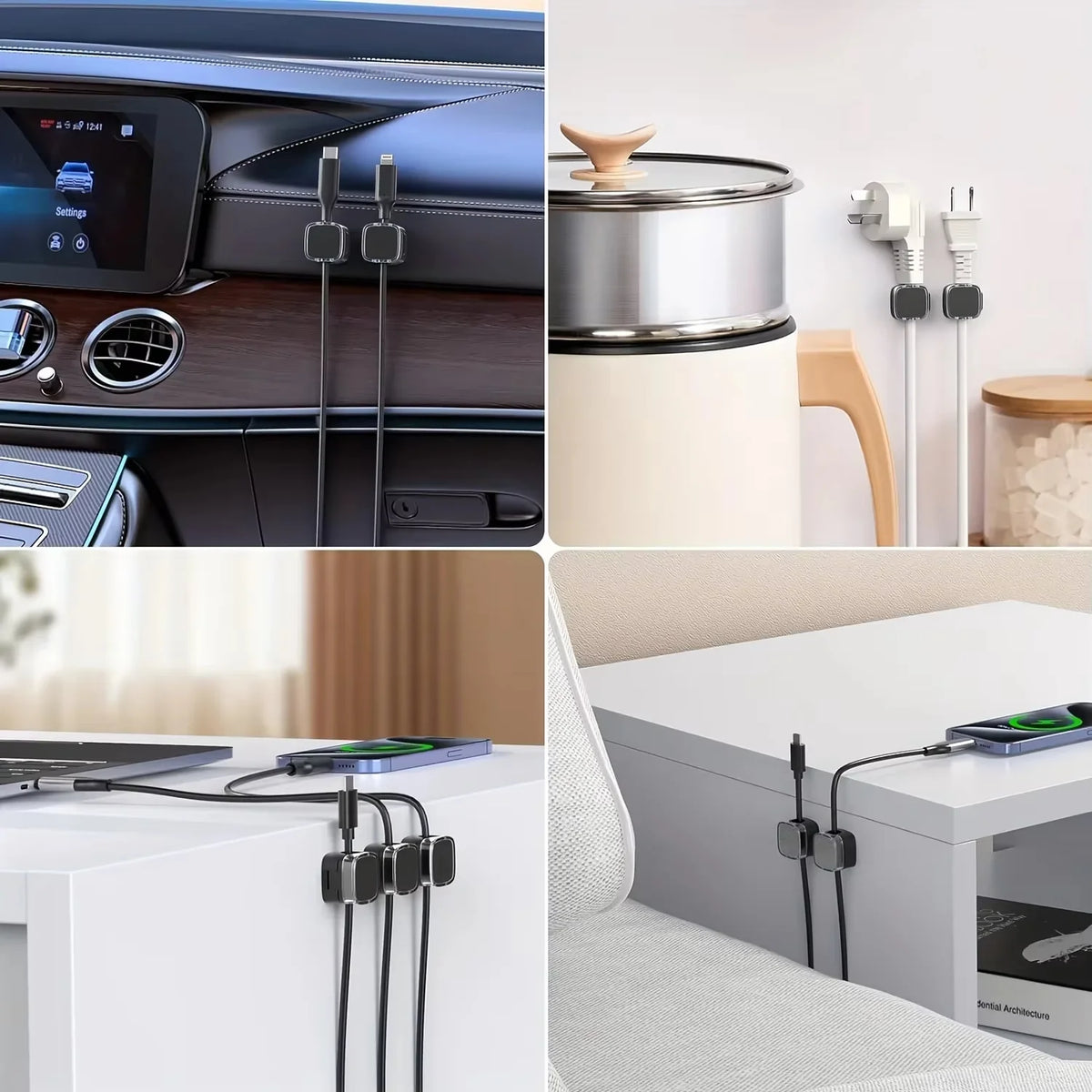 A collage showing magnetic cable management clips used for organizing cables on desks and walls.