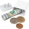 A white storage charger plug with a slot and a coin is shown next to several gold and copper coins.