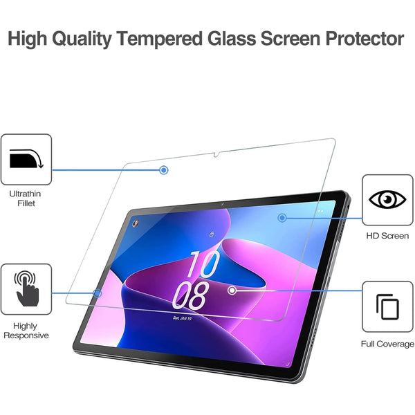 A high quality tempered glass screen protector is shown being applied to a tablet screen, highlighting features like ultathin