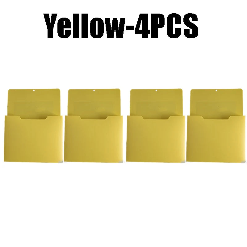 Four yellow wall mount magnetic document file holders.
