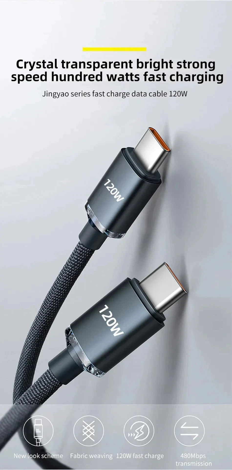 A black 120W fast charging cable with a braided nylon design is shown, highlighting its bright and crystal transparent featur