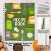 A green spiral-bound recipe book with various kitchen utensils and ingredients displayed on the cover.