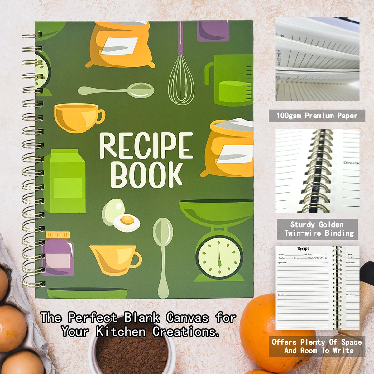 A green spiral-bound recipe book with various kitchen utensils and ingredients displayed on the cover.
