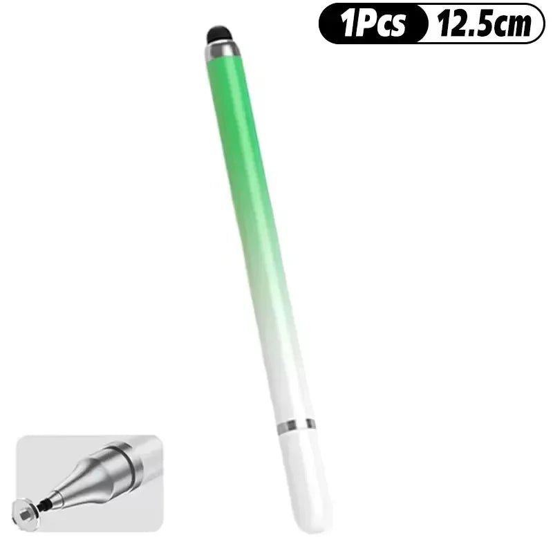 A green and white universal stylus pen shown with a close-up view of the tip.