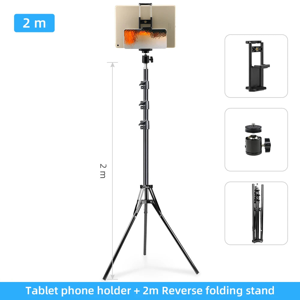 A black folding stand with a light panel mount and various accessories for holding tablets and phones.