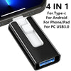 A black 4-in-1 adapter featuring multiple ports for Type-c, Android, phone/pad, and PC USB3.0 connections.