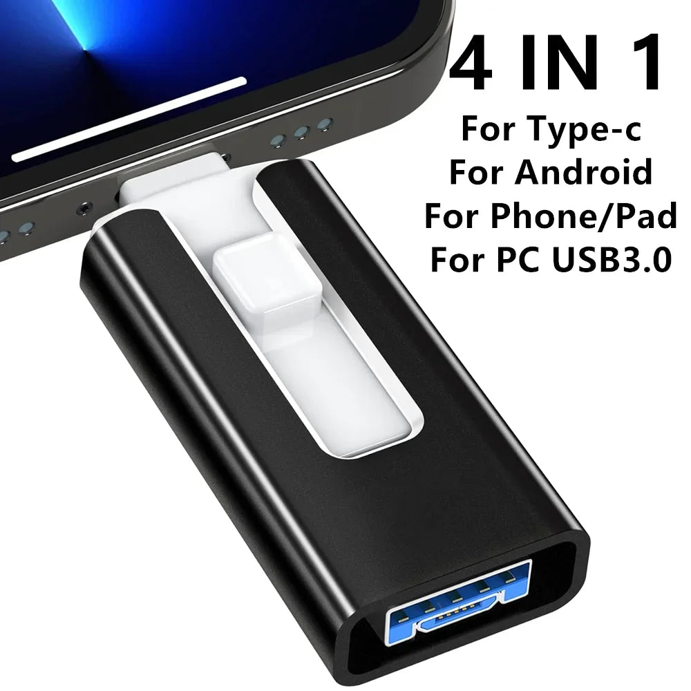 A black 4-in-1 adapter featuring multiple ports for Type-c, Android, phone/pad, and PC USB3.0 connections.