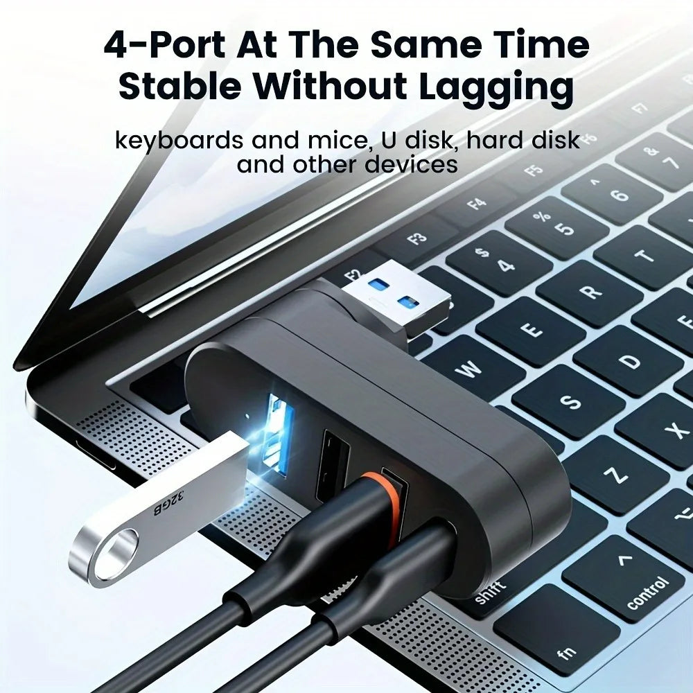 A black USB hub with four ports is shown connected to a laptop keyboard and mouse.