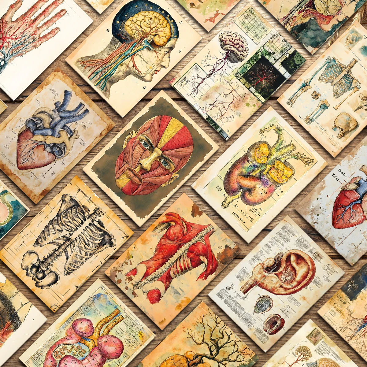 A collage of vintage anatomical biology postcards featuring detailed drawings of human organs and skeletal structures.