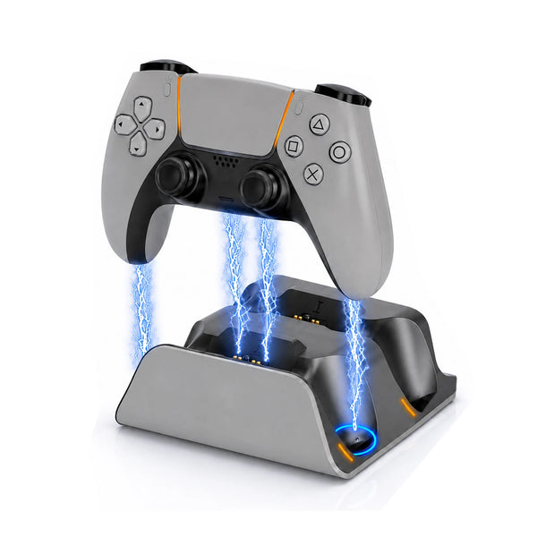 A gray Dual PS5 controller is shown being charged by a fast charging dock with blue electrical arcs.