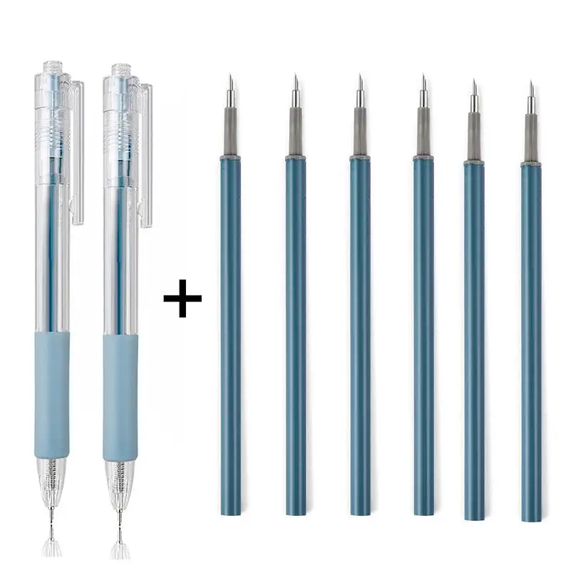 A set of precision utility knives with protective sheaths and blades in a light blue color.