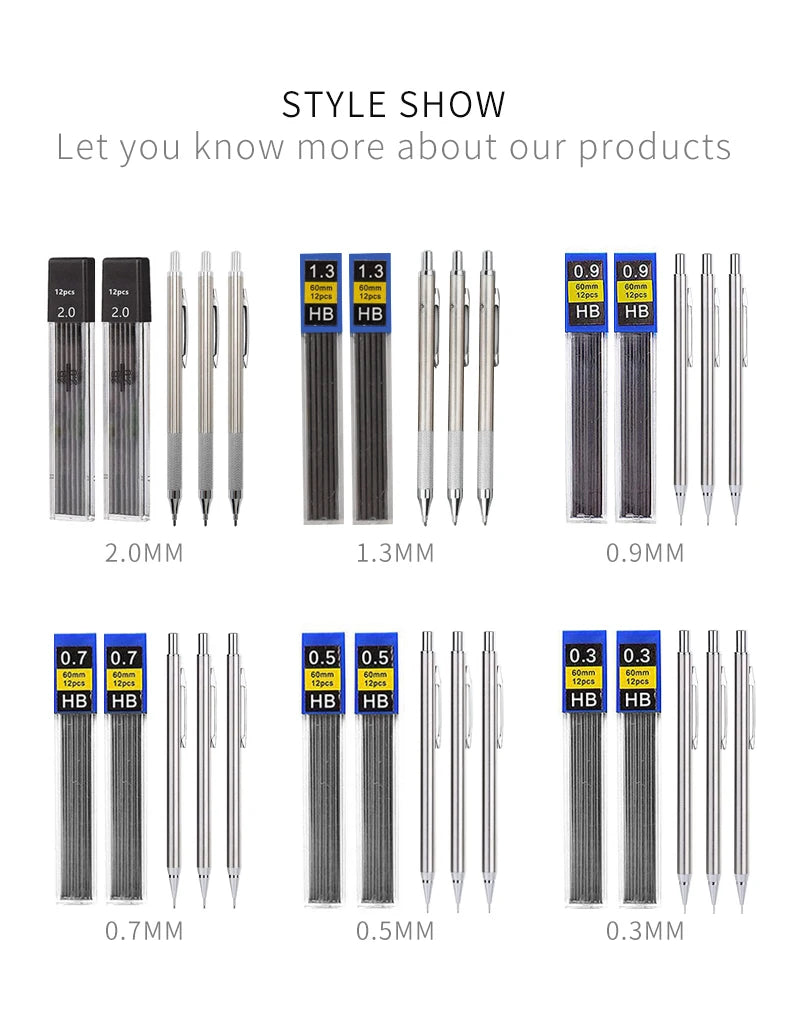 A display of precision mechanical pencils in various diameters, ranging from 0.3MM to 2.0MM.