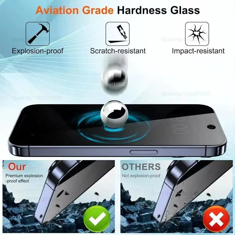A close-up view of an aviation grade hardness glass screen protector being applied to a smartphone.