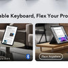 Una cubierta de teclado desmontable usada con un iPad en varios contextos, demostrando flexibilidad para la productividad.