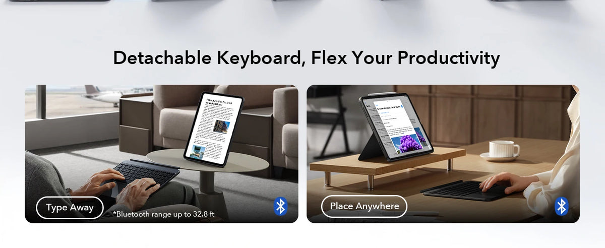 Una cubierta de teclado desmontable usada con un iPad en varios contextos, demostrando flexibilidad para la productividad.