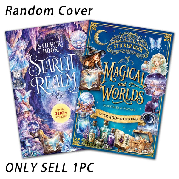 A colorful sticker book titled Starlit Realm featuring magical illustrations and stickers.