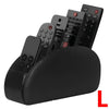 A black PU leather remote control holder with five compartments displaying various electronic devices.