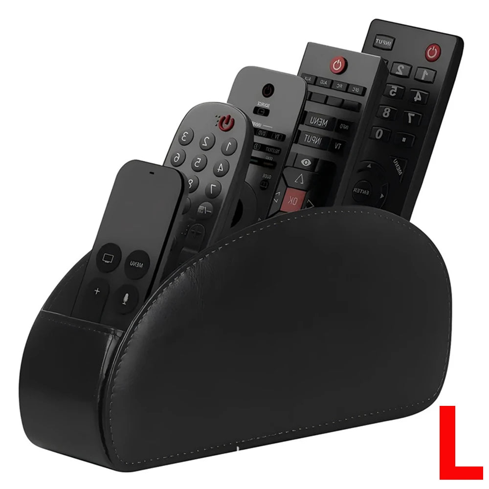 A black PU leather remote control holder with five compartments displaying various electronic devices.