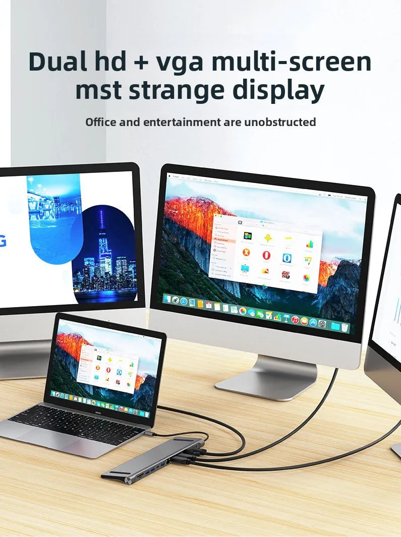 Configuración de pantalla dual HD VGA con laptop y monitor de escritorio conectados por una estación de acoplamiento.