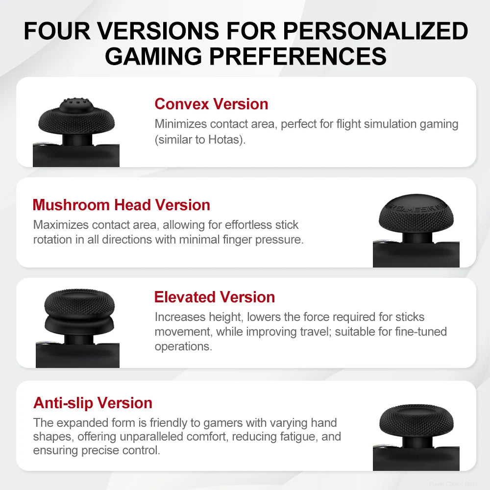 Four versions of silicone thumb grips for gamepads including Convex, Mushroom Head, Elevated, and Anti-slip designs