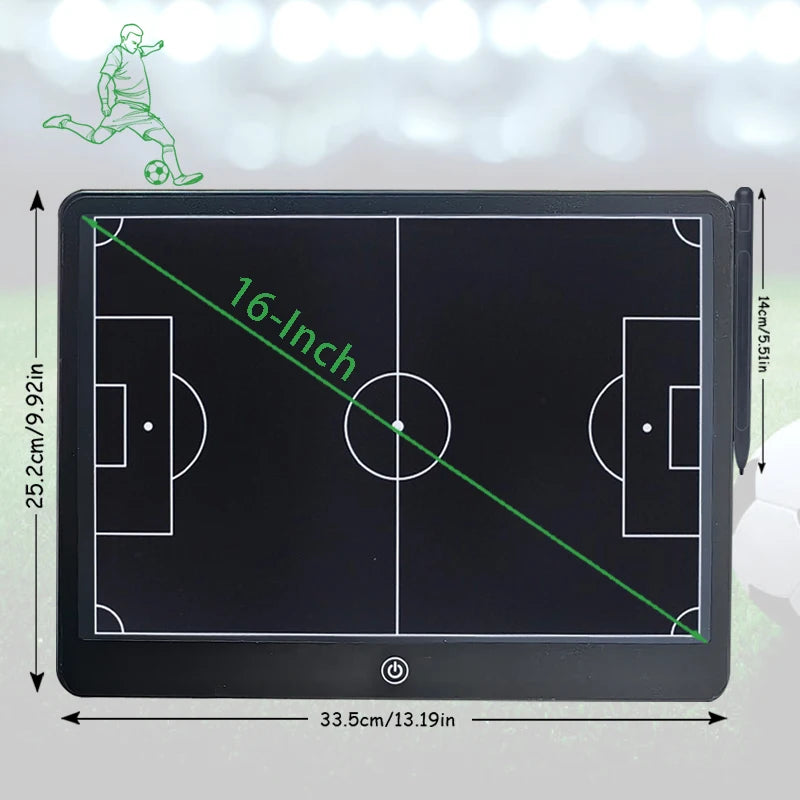 Schwarzes taktisches Strategie-Markierungbrett mit Fußballfeld-Layout, Messlinien und Spielfigur.