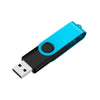 A blue and black rotatable USB flash drive with a metal connector.
