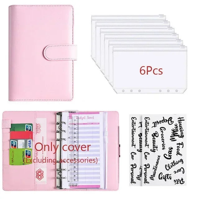 Planificador de presupuesto en carpeta de cuero PU rosa con varias hojas y accesorios