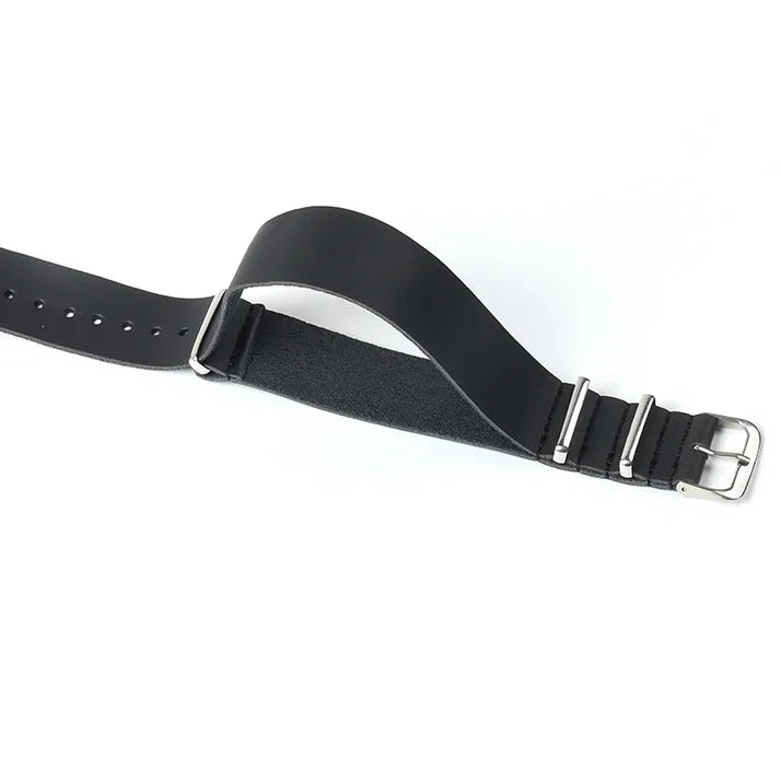 Black PU leather watch strap with silver buckle and adjustable holes.