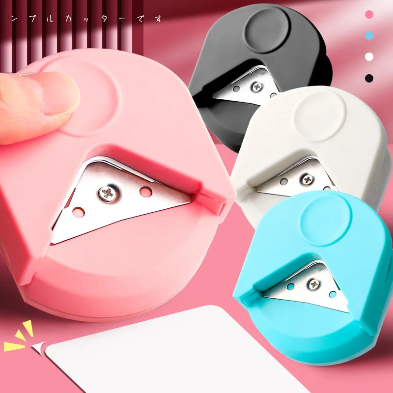 A pink precision corner cutter is shown next to a gray and white version, demonstrating the tool's function.