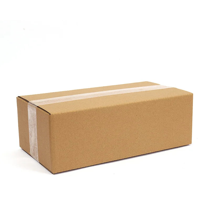 A rectangular brown kraft cardboard shipping box with a light stripe on top.