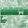 A close-up view of green RGB keycaps for a mechanical keyboard displayed against a bright, sparkling background.